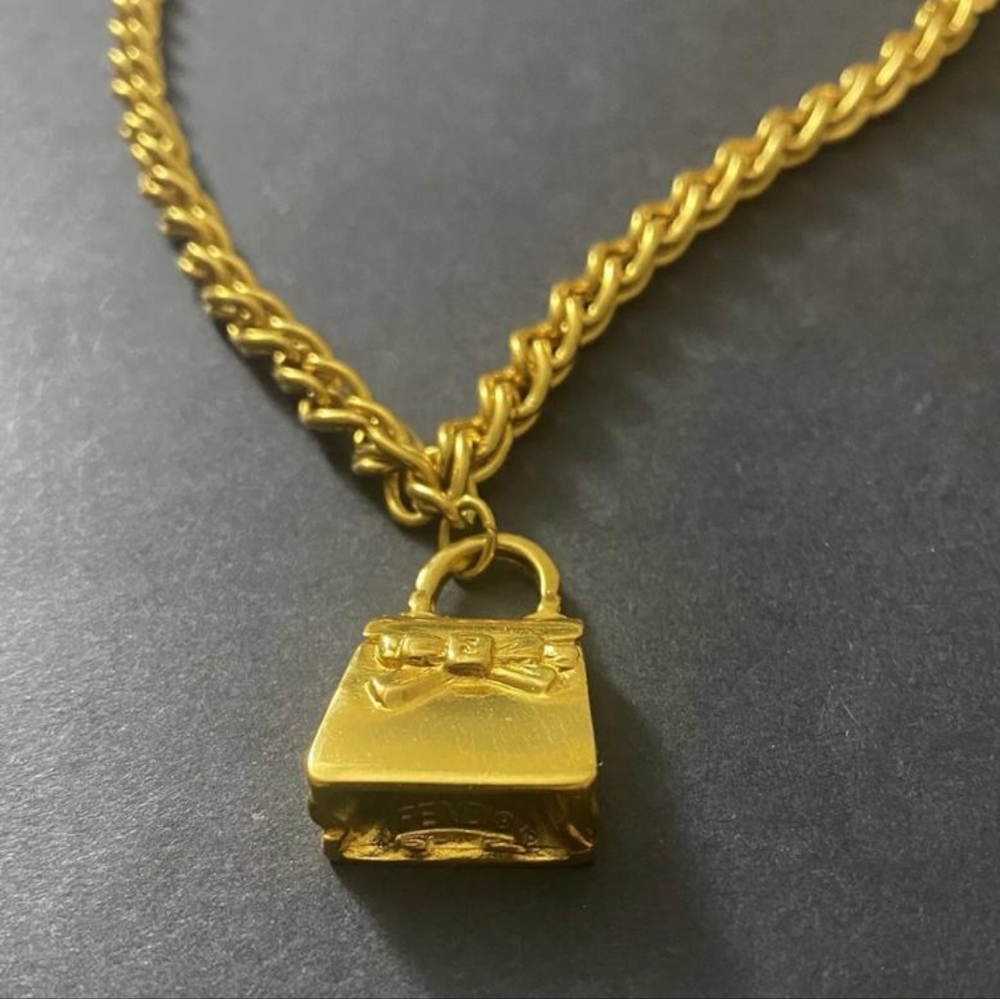 Vintage FENDI Handbag Charm Pendant  Necklace Gold Tone